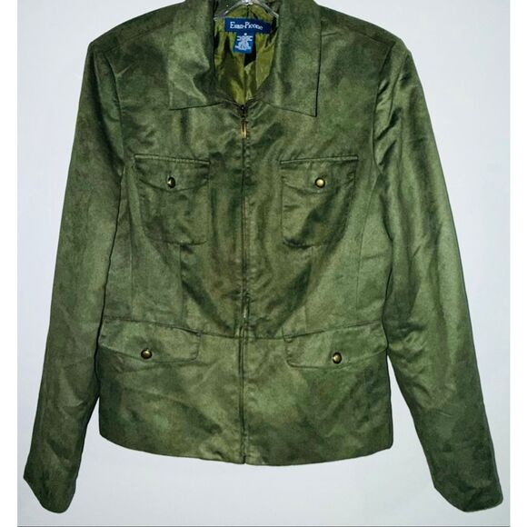 Evan Picone Jackets & Blazers - Vintage Evan-Picone Olive Faux Suede Utility Safari Jacket Zip Front‎ Size 8